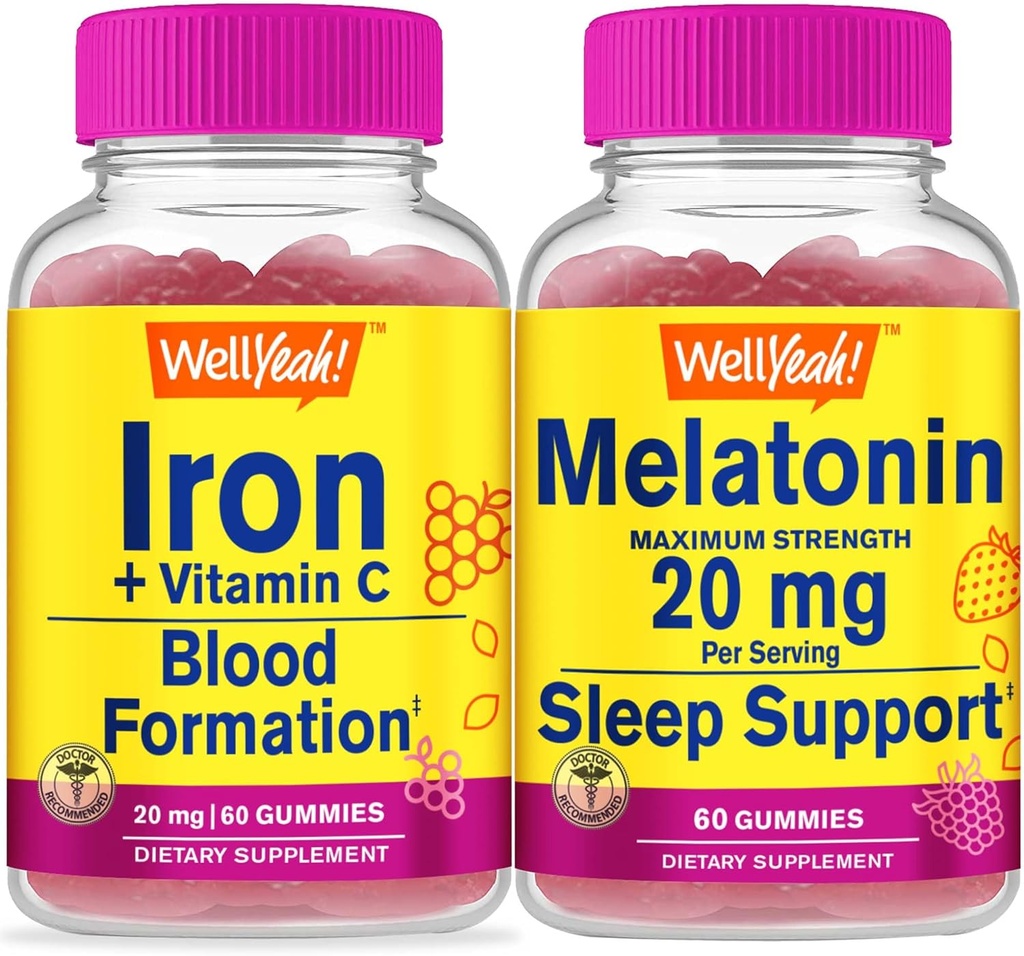 WellYeah Iron+Vitamin C + μελατονίνη 20mg, Gummies Bundle - Μεγάλη γεύση, συμπλήρωμα βιταμίνης, χωρίς γλουτένη, GMO δωρεάν, Μασώμενο Gummy
