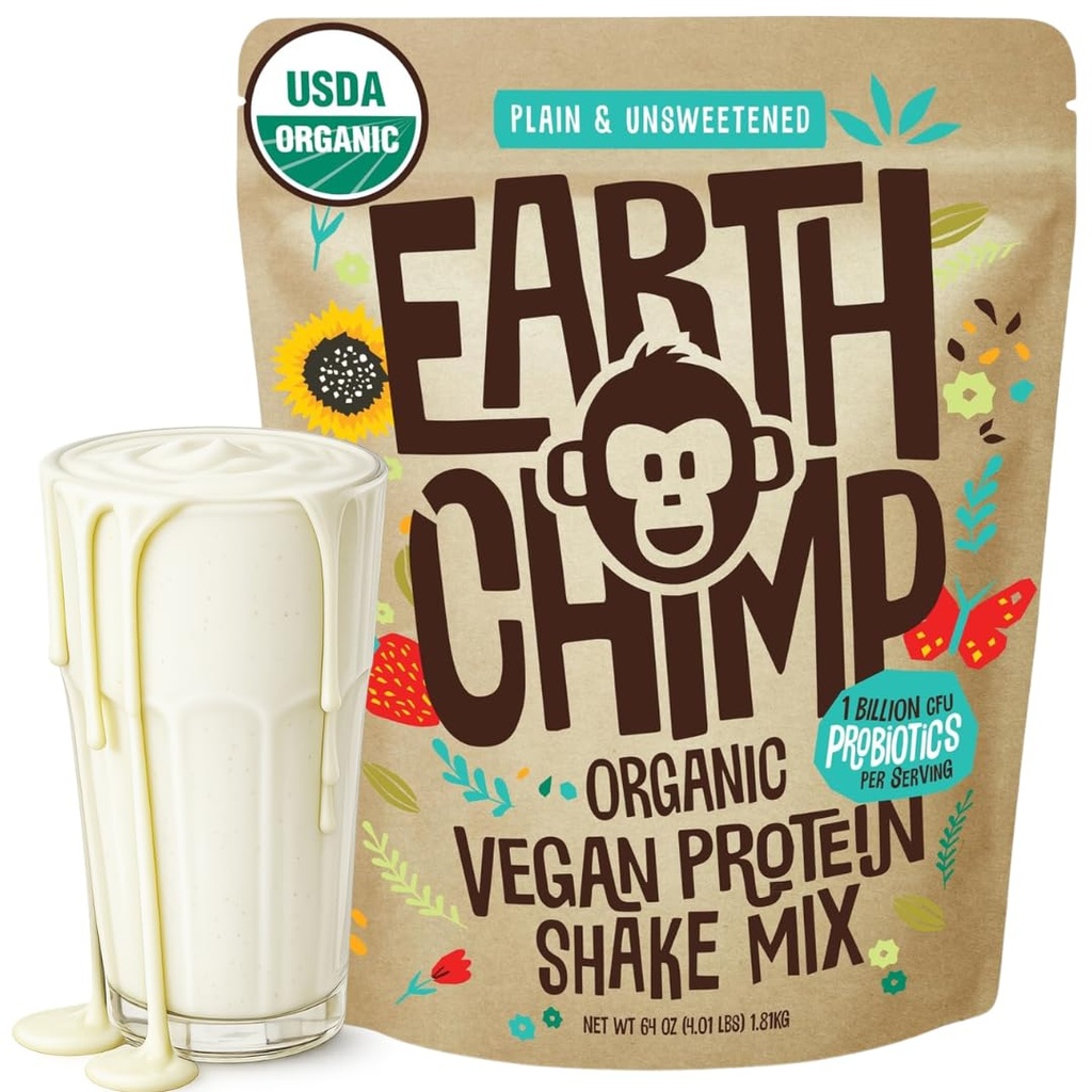 EarthChimp Organic Vegan Protein Powder - με Προβιοτικά - Μη ΓΤΟ, Γαλακτοκομικά Χωρίς, Μη Ορός γάλακτος, Πρωτεΐνες με βάση το φυτό Σκόνη για γυναίκες και άνδρες, Χωρίς γλουτένη - 52 Μερίδες, 64 Oz (Plain & Uncoweed)