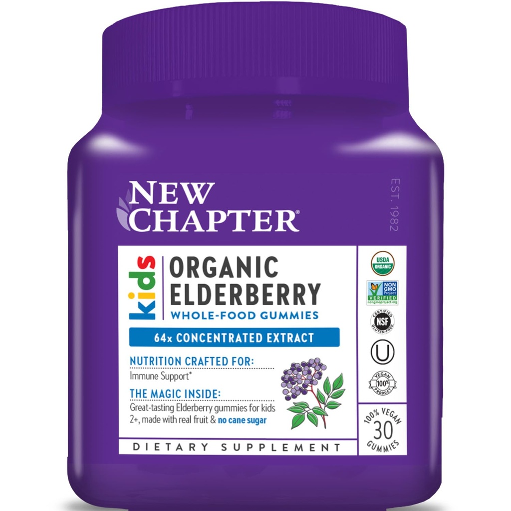 New Chapter Elderberry Gummies for Kids 2+, USDA Organic,64x Συμπυκνωμένο καθαρό Elderberry για την ανοσοποιητική υποστήριξη, Μεγάλη γεύση Ολόκληρων Gummies τροφίμων, Vegan & μη-GMO, 30 ct