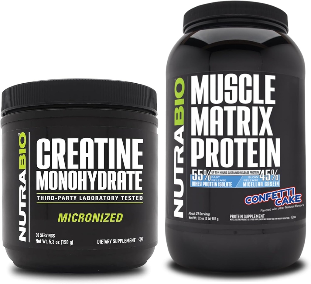 NutraBio Creatine Monohydrate, Unflavored, (150 g) και μυική Matrix Protein Powder, (Confetti Cake) συμπλήρωμα Bundle – μυϊκή ενέργεια, μέγιστη ανάπτυξη, ανάκτηση, και δύναμη