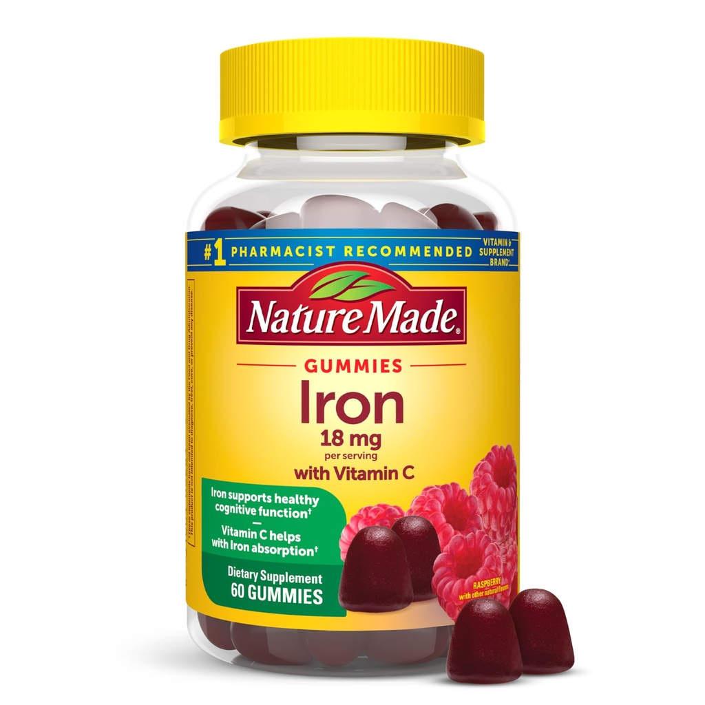 Nature Made Iron 18 mg ανά μερίδα με βιταμίνη C, Συμπλήρωμα διατροφής για την υποστήριξη των ερυθρών κυττάρων αίματος, 60 Gummies, 30 ημέρες προσφοράς
