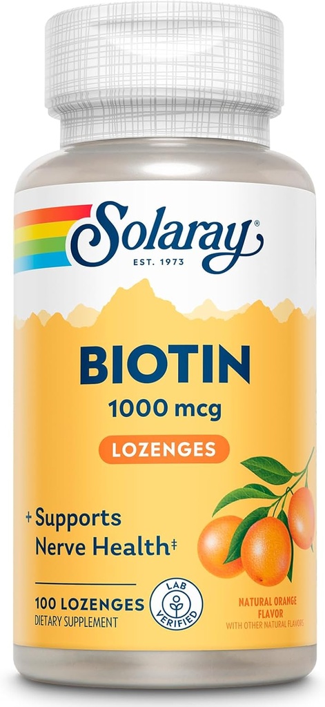 SOLARAY Biotin 1000mcg Lozenges - Συμπλήρωμα βιοτίνης με βιταμίνη Α - Νευρική Λειτουργία και Κυτταρική Ενέργεια Υποστήριξη - Φυσικός χυμός πορτοκάλι Γεύση, Μεγάλη Γεύση, 60-Day Εγγύηση, 100 Σερβιέτες, 100 Lozenges