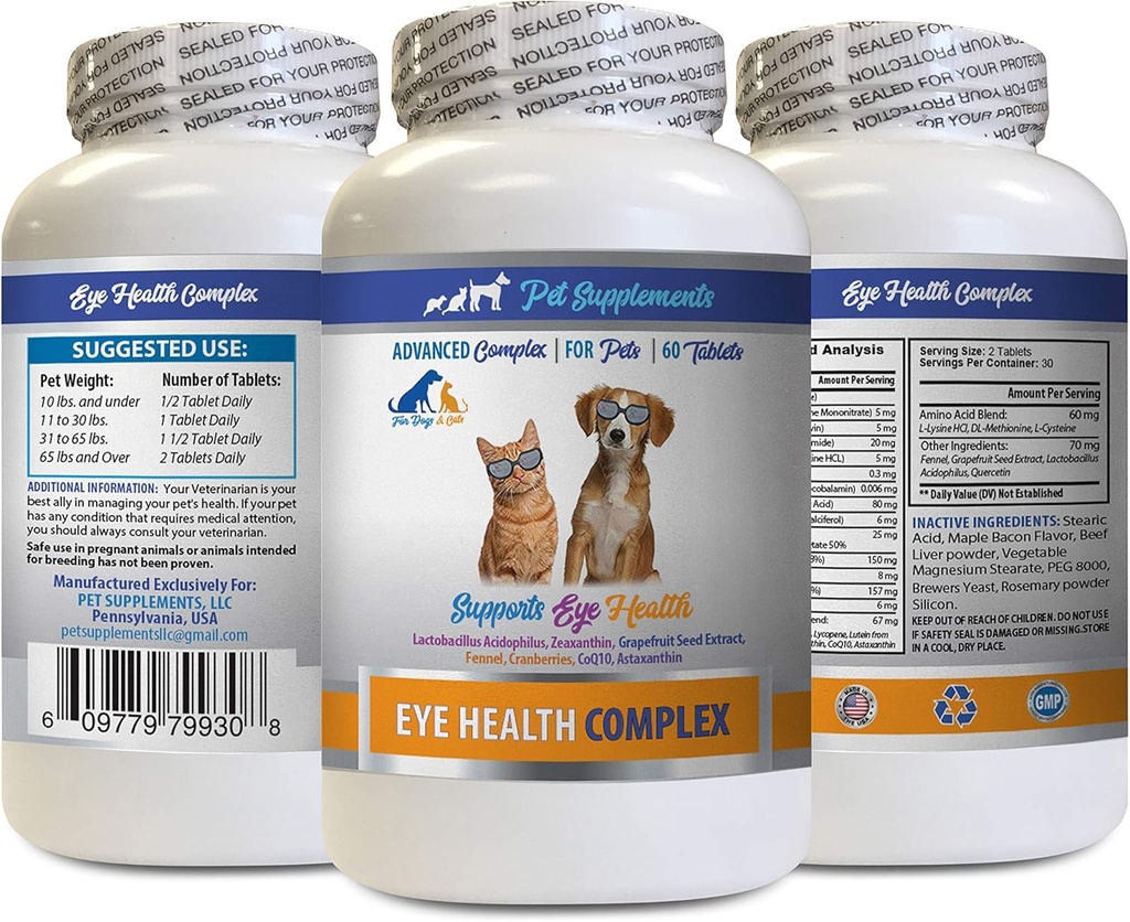 Σκύλος Ματιές Βιταμίνες - PET Eye Health Complex - Σκύλοι και γάτες - Υποστηρίζει Όραμα ματιών - ασταξανθίνη για σκύλους, Eye Vision συμπλήρωμα για σκύλους και γάτες, Eye Health Βιταμίνες Λουτεΐνη και ζεαξανθίνη 1Bot 60Tabs