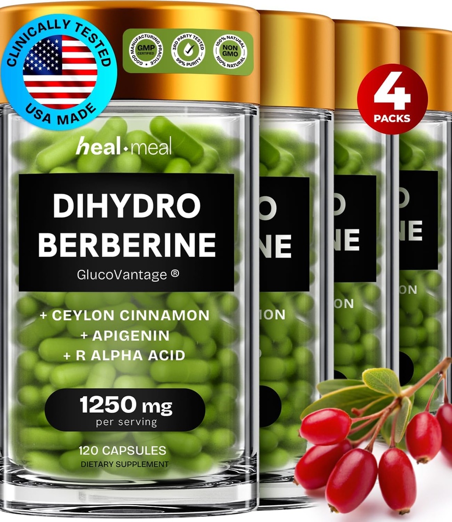 Dihydroberberine Supplement - Dehydro Berberine Supplement - Super Berberine Supplement with Ceylon Cinnamon & R Alpha Lipoic Acid & Apigenin - Hydroberberine 480 caps (4 Packs)