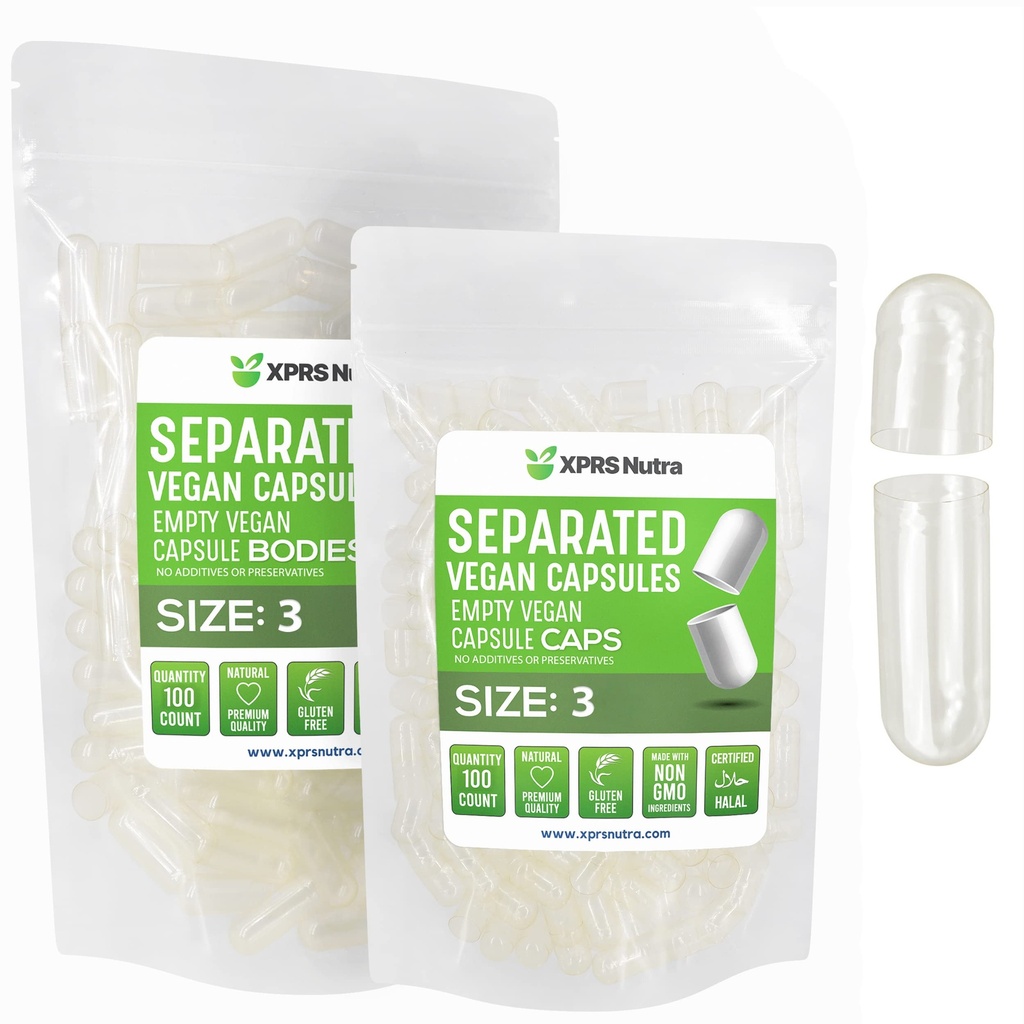 XPRS Nutra Vegan μέγεθος 3 χωριστές κάψουλες- 100 μετρητής Premium κενές κάψουλες χωρίζονται σε τσάντες - Καθαρίστε τις κενές κάψουλες - Χάπια για συμπλήρωμα DIY πλήρωσης
