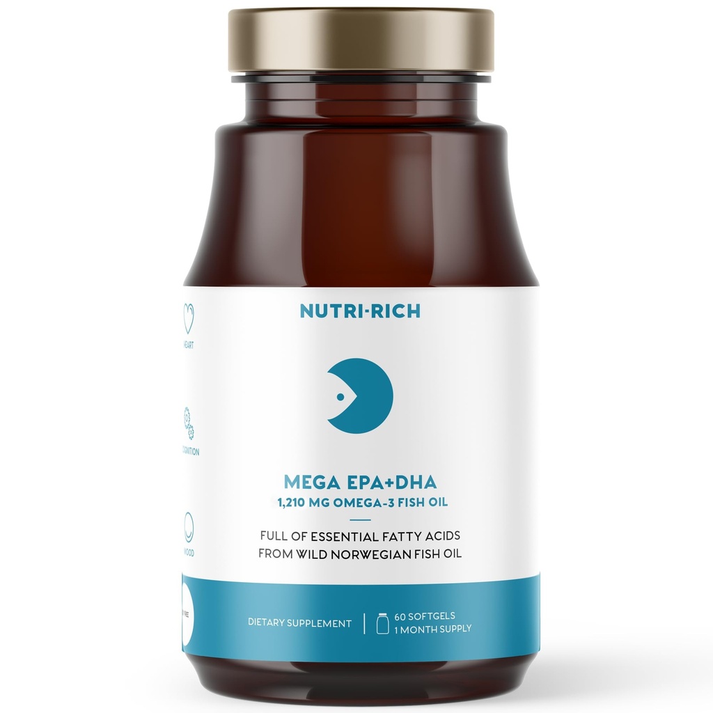 Omega-3 Fish Oil 1210mg EPA & DHA, Supports Heart, Joint, Brain, Promotes Overall Well-Being, Immune System High Potency, Burp-Free, Lemon Flavor, Gluten Free, Soy Free, 60 Softgels