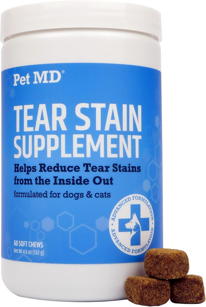 Pet MD Tear Stain Remover για σκύλους & γάτες - Αντιοξειδωτικό συμπλήρωμα φροντίδας ματιών με λουτεΐνη, βατόμουρο, και Ωμέγα 3 & 6 - γάτα & σκυλοδακρυοστέγνωμα Μάσημα για λευκό & ελαφρύ γούνα - 60 ct