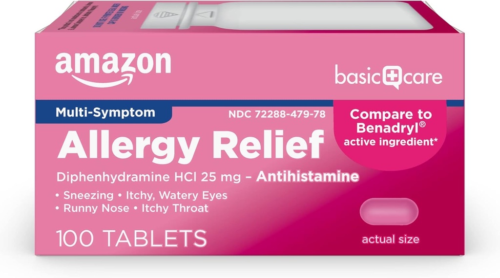   Basic Care Allergy Relief Diphenhydramine HCl 25 mg, Antihistamine Tablets for Symptoms Due to Hay Fever and Upper Respiratory Allergies, 100 Count