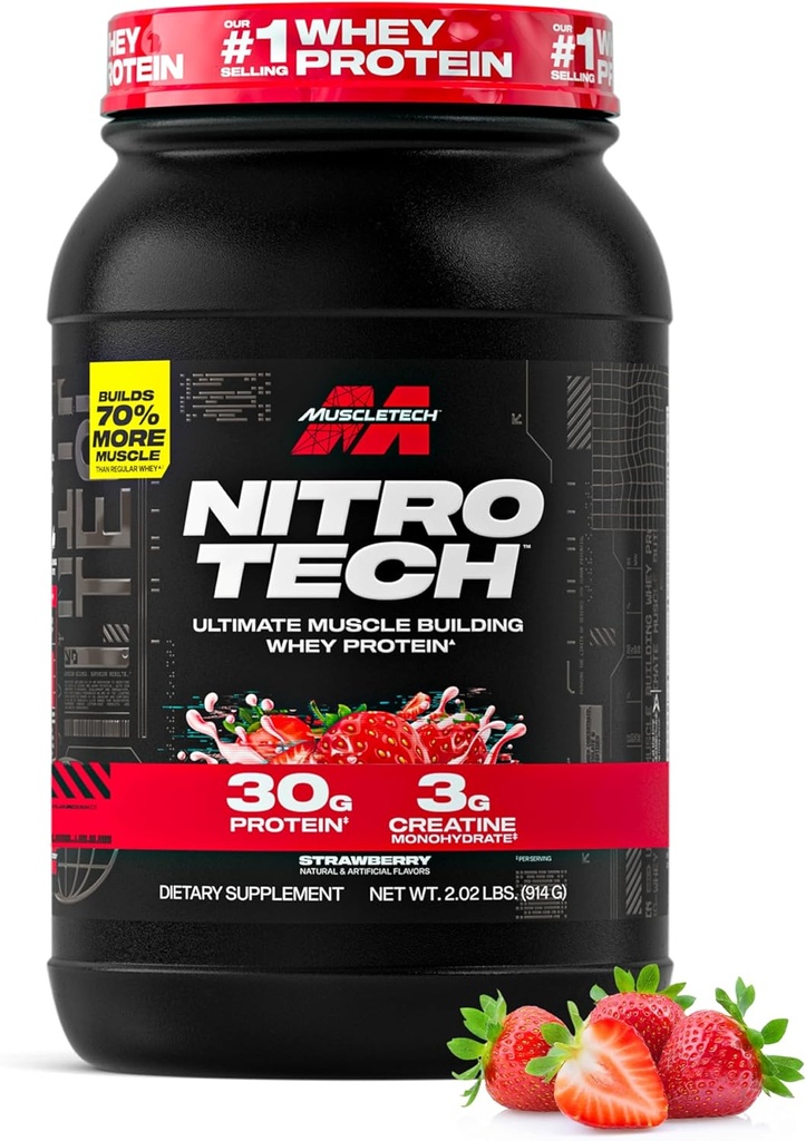 Muscletech Whey Protein Powder (Strawberry, 2.2 Pound) - Nitro-Tech Ultimate Myster Building Formula με Whey Protein Isolate - 30g πρωτεΐνης, 3g Creatine & 6,8g BCAA - Συσκευασία Μαΐου Vary