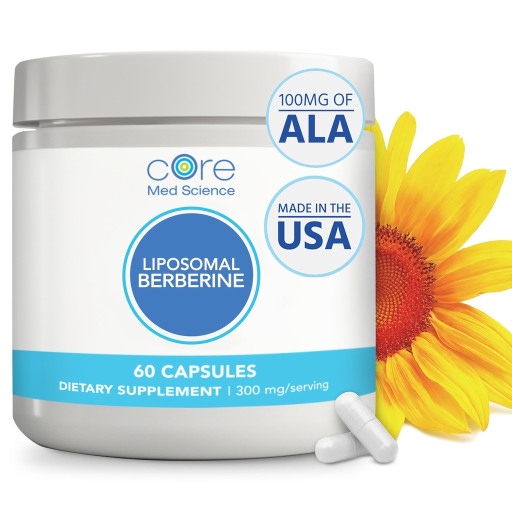 Core Med Science Liposomal Berberine Supplement, 300mg (60 Count) - Εκχύλισμα βερβερίνης HCL Κάψουλες Υποστήριξη ήπαρ & καρδιά Υγεία - Μη ΓΤΟ, Χωρίς γλουτένη, Χωρίς σιτάρι, & χωρίς γαλακτοκομικά φυτά κάψουλες