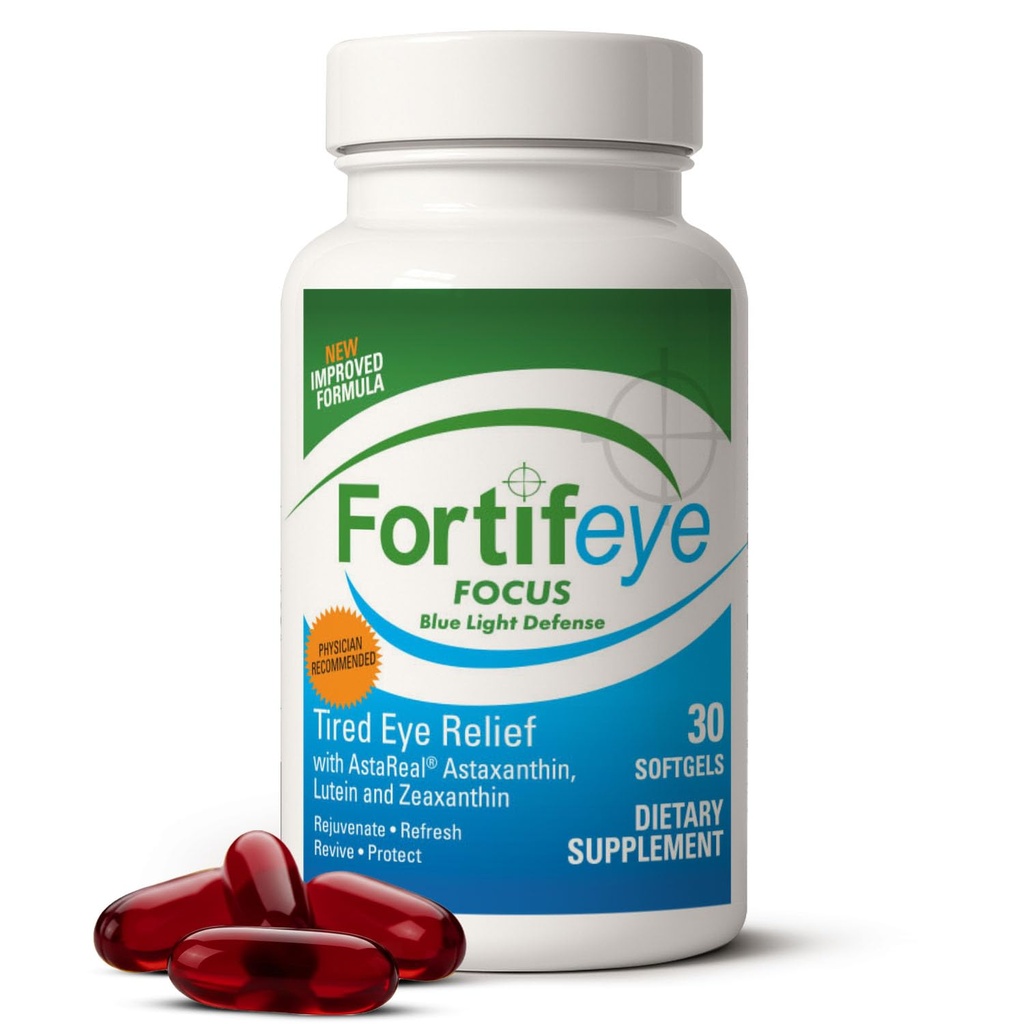 Fortifeye Focus Eye Care Supplement 30 κάψουλες Softgel - Τριπλό καροτενοειδές συμπεριλαμβανομένης της Ασταξανθίνης, της Λουτεΐνης και της Ζεαξανθίνης Συμπληρώματα, Βιταμίνες ματιών, Υποστηρίζει Κόπωση ματιών και προστασία μπλε φωτός