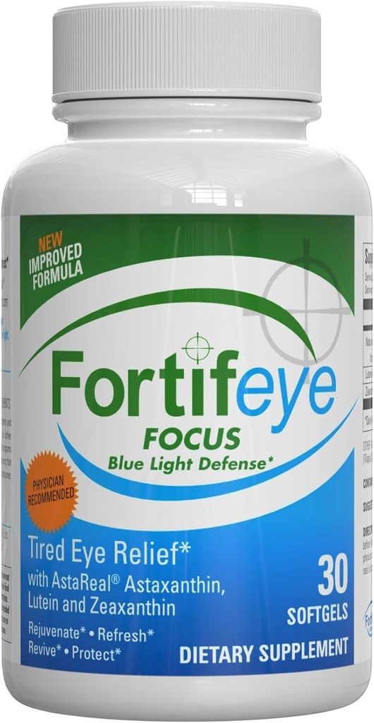Fortifeye Focus Eye Care Supplement 30 κάψουλες Softgel - Τριπλό καροτενοειδές συμπεριλαμβανομένης της Ασταξανθίνης, της Λουτεΐνης και της Ζεαξανθίνης Συμπληρώματα, Βιταμίνες ματιών, Υποστηρίζει Κόπωση ματιών και προστασία μπλε φωτός