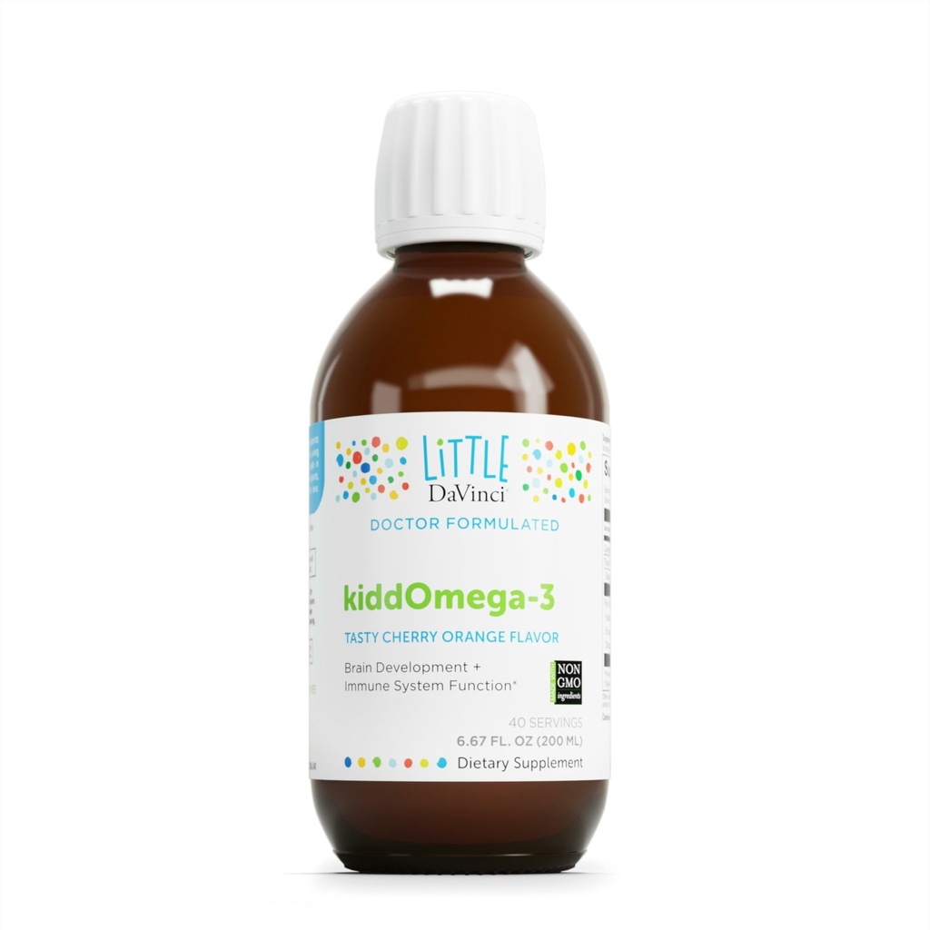 DAVINCI Labs kiddOmega-3 - Υγρό Ωμέγα-3 συμπλήρωμα για τα παιδιά - για το ανοσοποιητικό σύστημα, εστίαση και υποστήριξη εγκεφάλου* - με φρούτα μοναχός, DHA, EPA και περισσότερα - Cherry Orange Flavor - 200mL