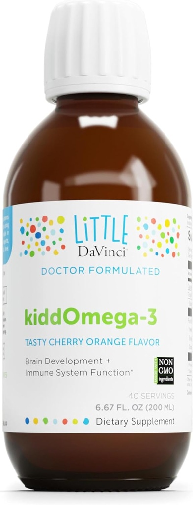 DAVINCI Labs kiddOmega-3 - Liquid Omega-3 Supplement for Kids - for Immune System, Focus and Brain Support* - with Monk Fruit, DHA, EPA and More - Cherry Orange Flavor - 200mL
