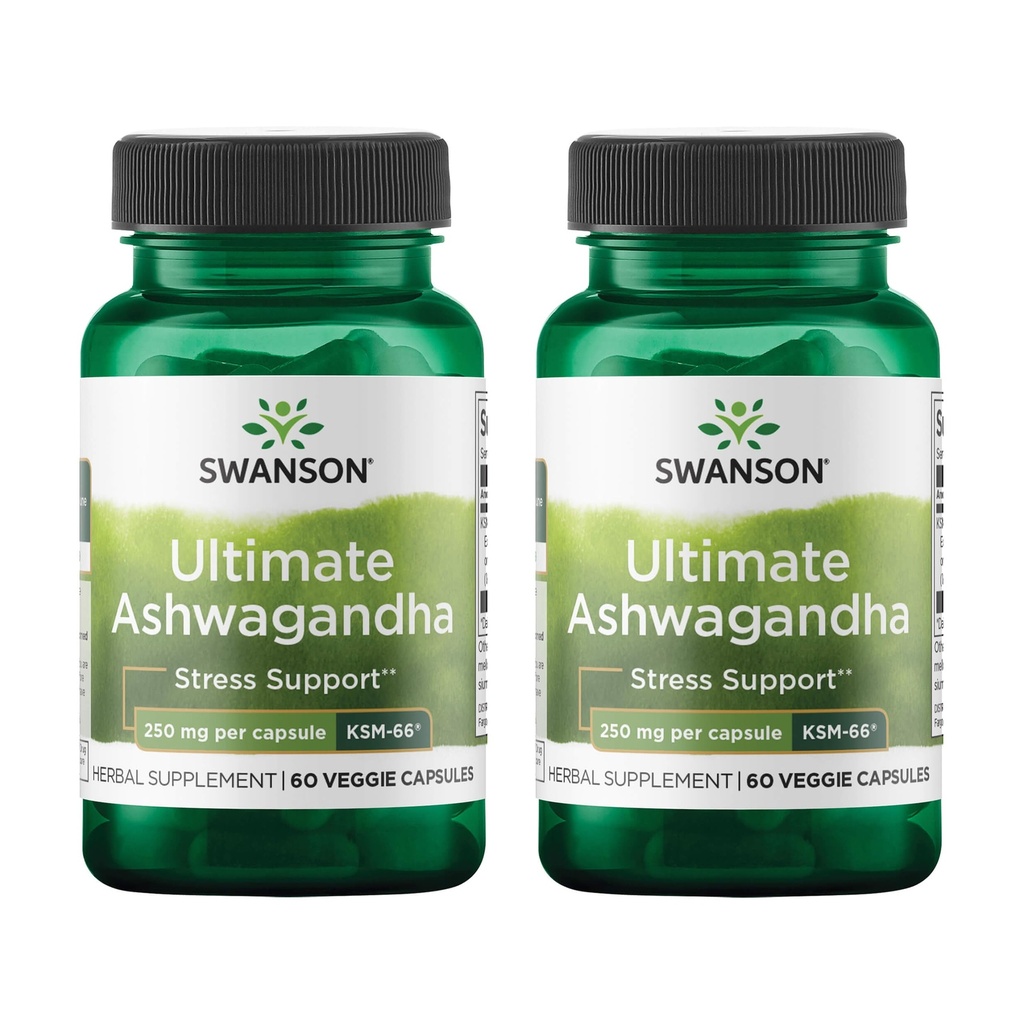 Swanson Ultimate Ashwagandha KSM-66 - Herbal Supplement Supporting Healthy Stress Levels & Relaxation - Natural Formula to Promote a Calm & Relaxed Mindset - (60 Veggie Capsules, 250mg Each) (2 Pack)