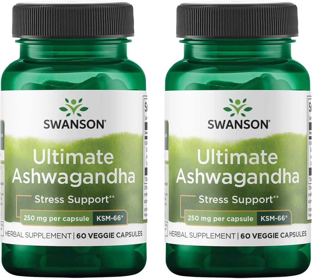 Swanson Ultimate Ashwagandha KSM-66 - Herbal Supplement Supporting Healthy Stress Levels & Relaxation - Natural Formula to Promote a Calm & Relaxed Mindset - (60 Veggie Capsules, 250mg Each) (2 Pack)