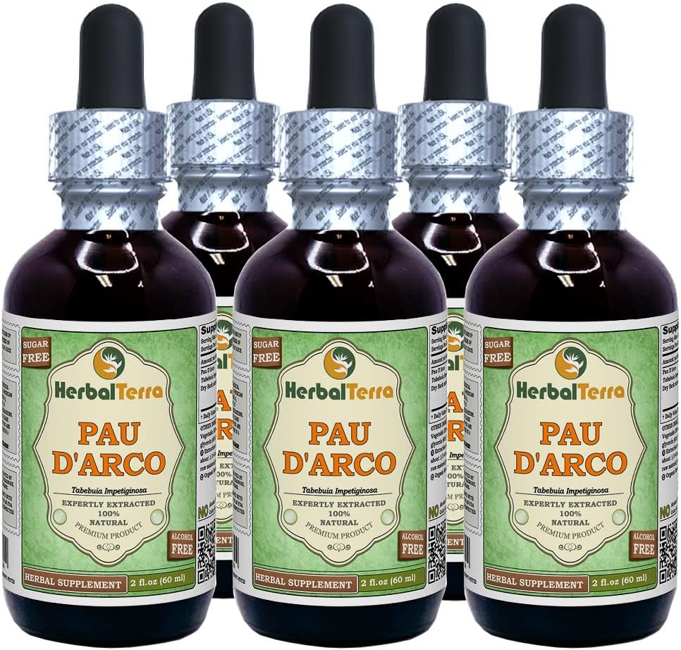 PAU d'arco (Tabebuia Impetiginosa) Γλυκερίτης, Αποξηραμένο Χωρίς Αλκοόλ Εκχύλισμα Υγρού (Όνομα: HerbalTerra, Περήφανα Κατασκευασμένο στις ΗΠΑ) 5x2 fl.oz (5x60 ml)