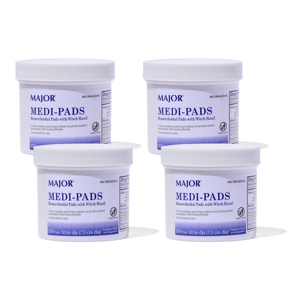 MAJOR Medi-Pads - Αιμορροϊκή Υγιεινή Καθαρισμός Witch Hazel Pads - Ψύξη Ανακούφιση με Αλόη - 100 Count Jar (4 Pack)