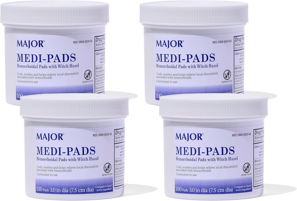 MAJOR Medi-Pads - Hemorrhoidal Hygienic Cleansing Witch Hazel Pads - Cooling Relief with Aloe - 100 Count Jar (4 Pack)