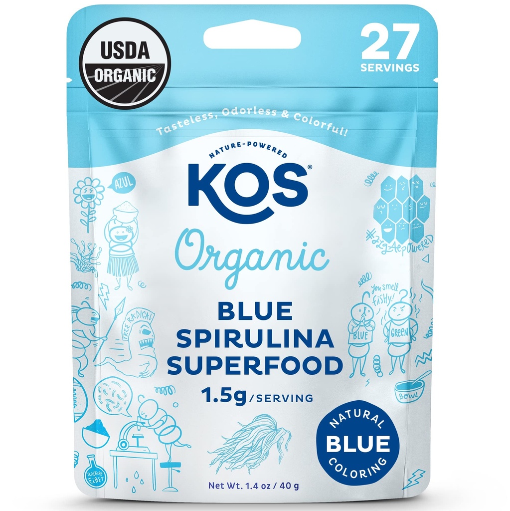 KOS USDA Βιολογικό Μπλε Σκόνη Σπιρουλίνας, Phycocyanin - Vegan Algae Superfood - φυσικός χρωματισμός τροφίμων για Smoothies & Protein Drinks, Plant Based, Non GMO - 27 Services