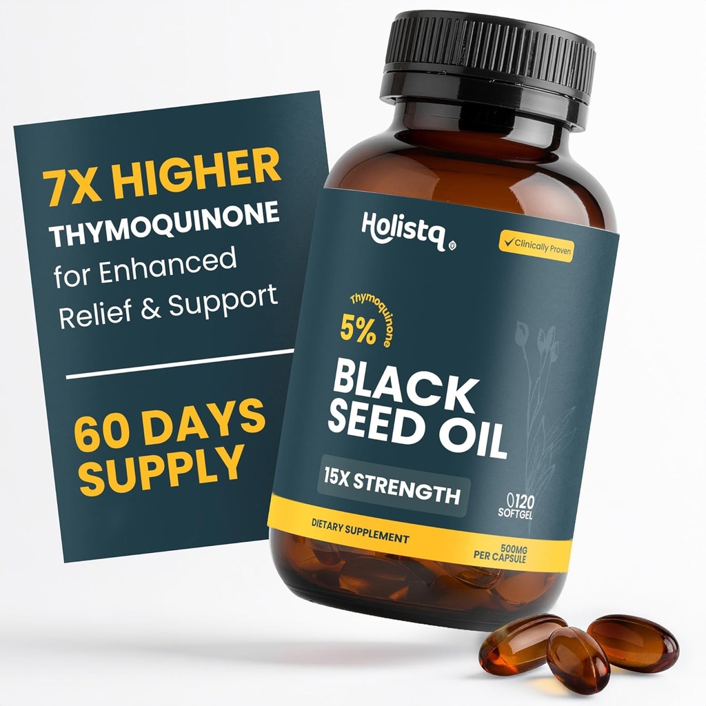 Holistiq Black Seed Oil Organic Cold Pressed Capsules | 5% Thymoquinone | Non-GMO & Vegan | Nigella Sativa Black Cumin Seed Oil, Omega 3 6 9 Adult Immunity Support - 120 Softgels, 2 Months Supply