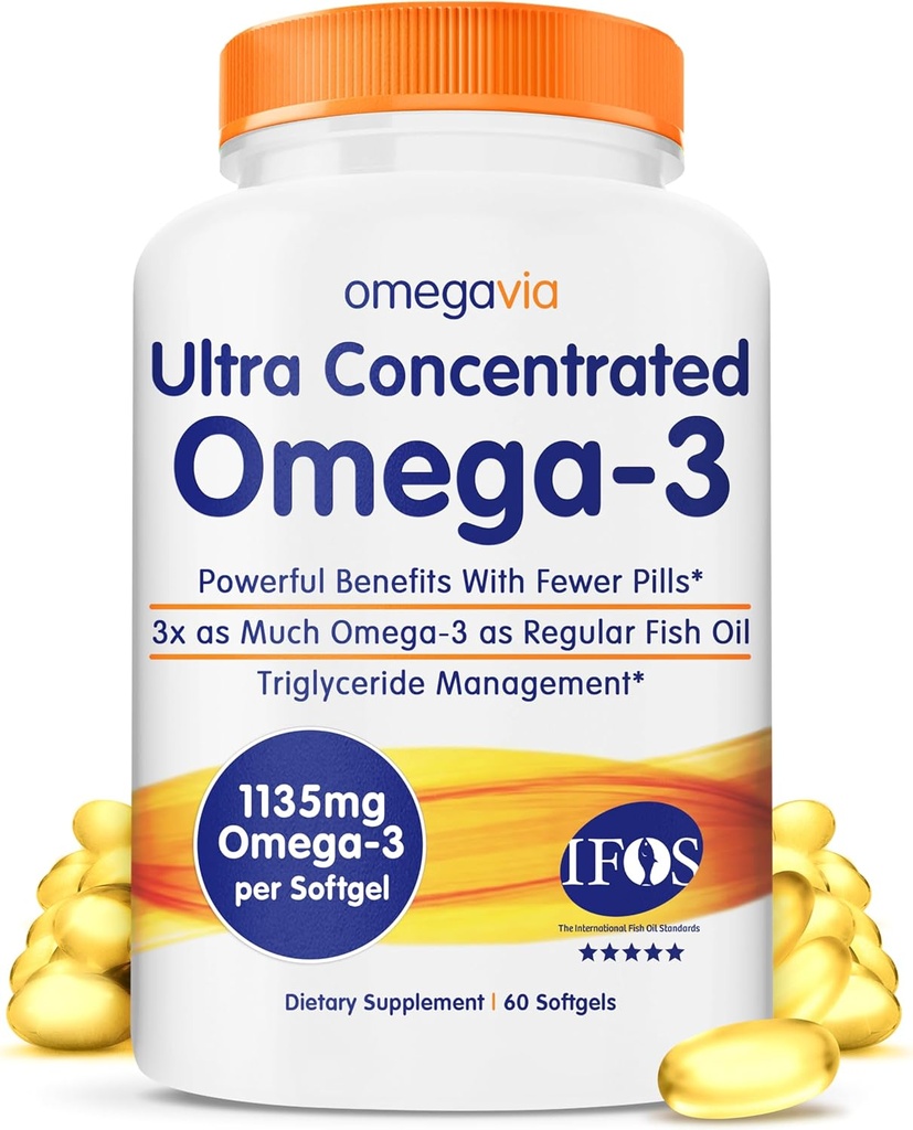 OmegaVia Εξαιρετικά συμπυκνωμένο Ωμέγα 3 Fish Oil Burpless, 60 Softgels, τριπλή δύναμη Ωμέγα 3 Fish Oil Συμπληρώματα, 1135 mg Pure Omega3, Δεν Ψάρια Burps, Υψηλή DHA EPA, IFOS 5-Star