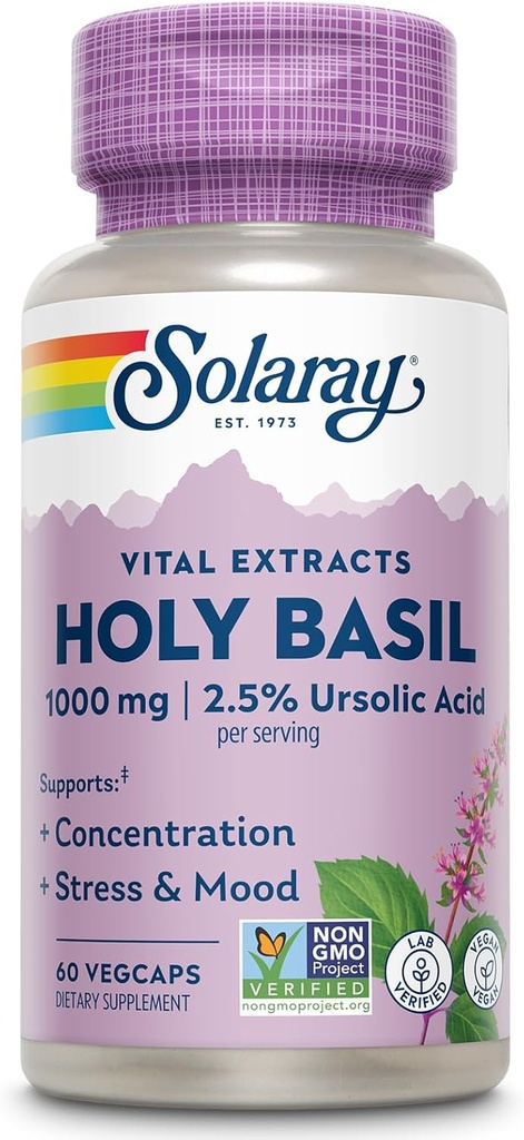 SOLARAY Holy Basil 1000 mg - Tulsi Holy Basil Adaptogen with 2.5% Ursolic Acid - Adrenal Support, Focus, Occasional Stress and Mood Support - Non-GMO, Vegan, Gluten Free, 60-Day Guarantee, 30 Servings