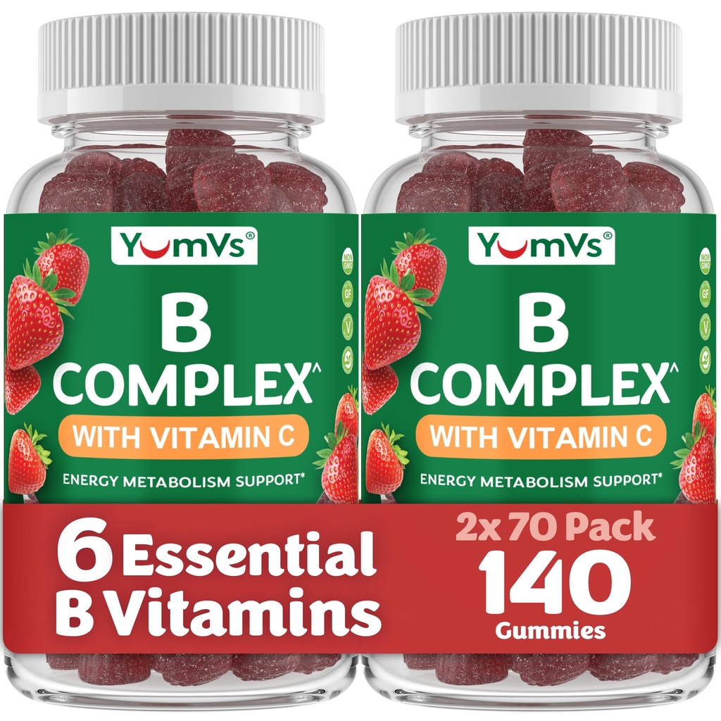 B Complex Gummies with Vitamin C – Great Tasting 1 a Day Energy & Nury System Support for Adults – Vegan, Kosher, Non-GMO Vitamin B Complex Gummies with B12, B6, & Follic Acid – 70 Count (2 Pack)