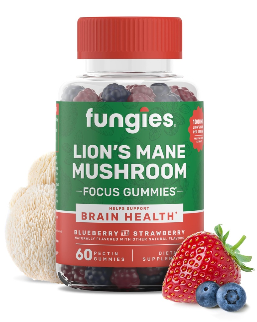Fungies Lion's Mane Mushroom Gummies, Mixed Blueberry & Strawberry Flavor - Mushroom Supplement Gummy for Adults & Children Υποστηρίζει την υγεία του εγκεφάλου, Γνωστική λειτουργία, εστίαση, μνήμη & διάθεση, 60 υπηρεσίες
