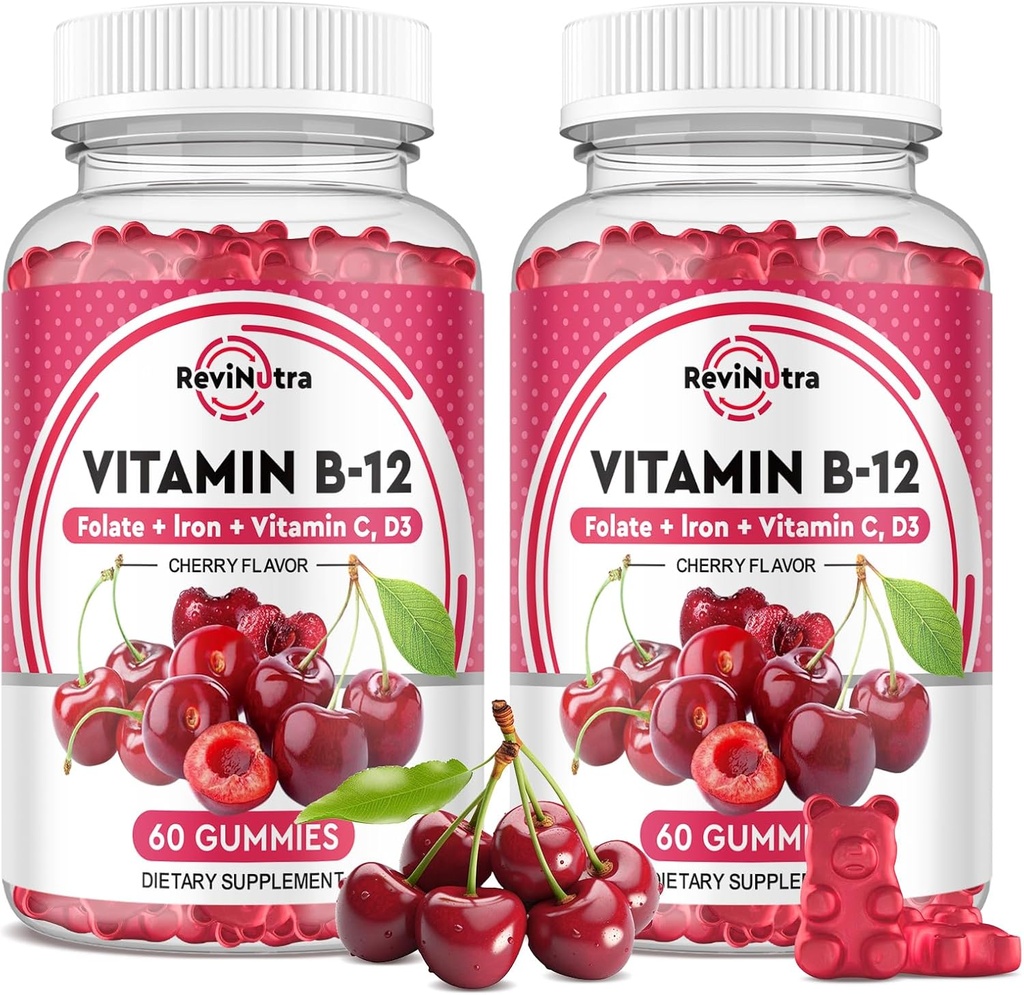 Vitamin B12 Gummies - 5000 mcg Methylcobalamin with Iron, Vitamin C, D3 & Folate, Energy Support and Metabolism, Immune, B-12 Complex Chewable Supplement for Men & Women, 120 Count, 2 Pack