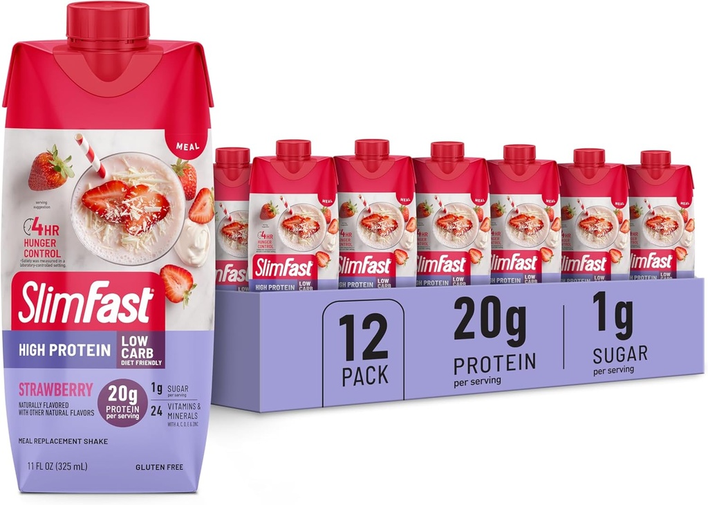SlimFast Protein Shake, Strawberry- 20g Protein, Αντικατάσταση γεύματος Shake Ready to Drink, High Protein with low Carb and low Sugar, 24 Βιταμίνες και Ορυκτά, 12 Count (Pack of 1) (Packing May Vary)