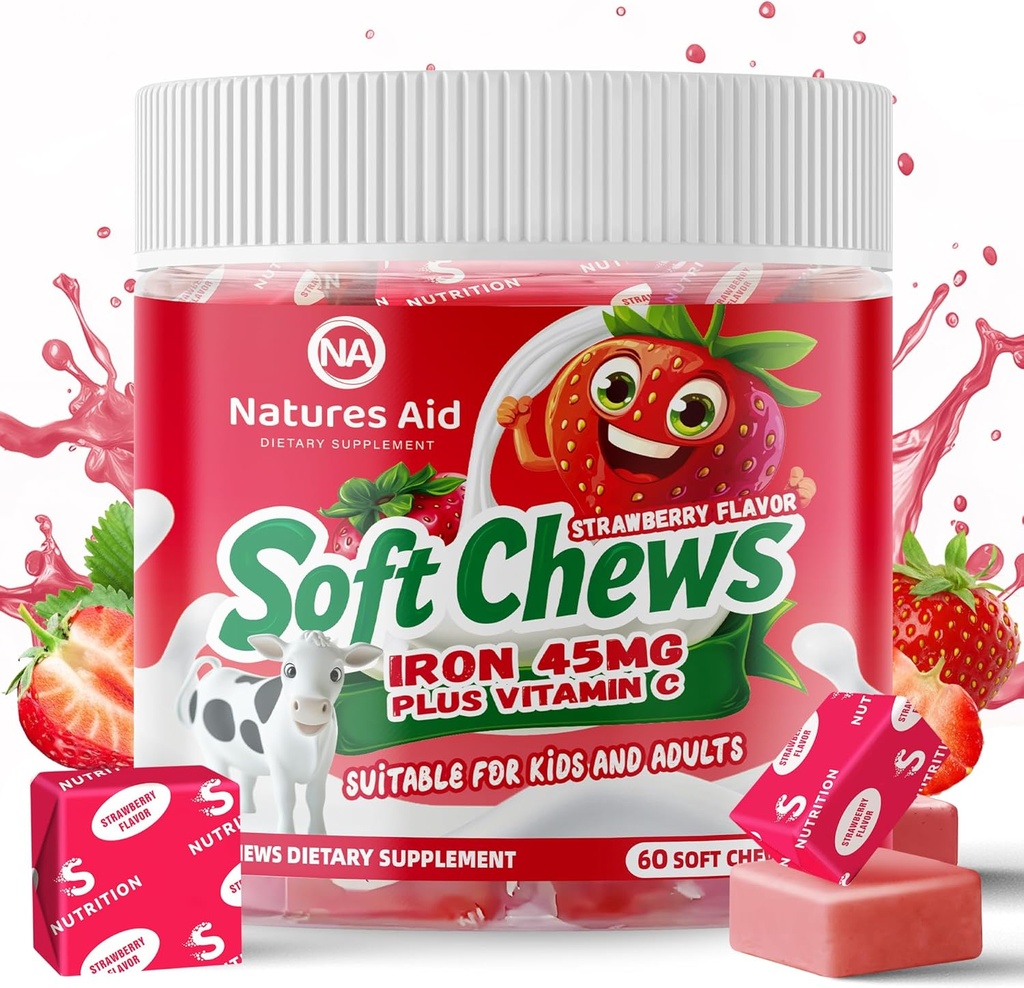 Chewable Iron Supplement for Women & Men and Kids - Γεύση φράουλας, Σιδήρου Βιταμίνη C Soft Chew for Max Απορρόφηση, Σιδήρου as Ferrous Fumarate, Ιδανική για έλλειψη σιδήρου, 2 Μήνες προσφοράς