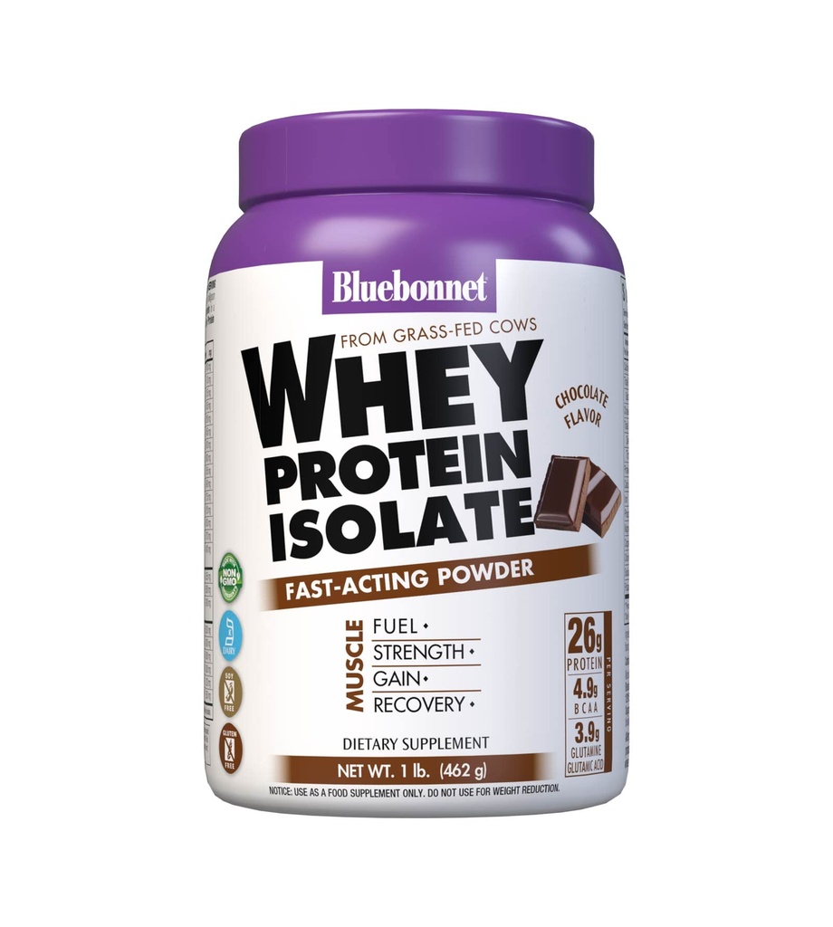 Bluebonnet Διατροφή Whey Protein Isolate σκόνη, Whey From Grass Fed Cows, 26g πρωτεΐνης, χωρίς ζάχαρη προστίθενται, χωρίς γλουτένη, χωρίς σόγια, kosher γαλακτοκομικά, 1 Lb, 14 Σερβίρεις, σοκολάτα Γεύση