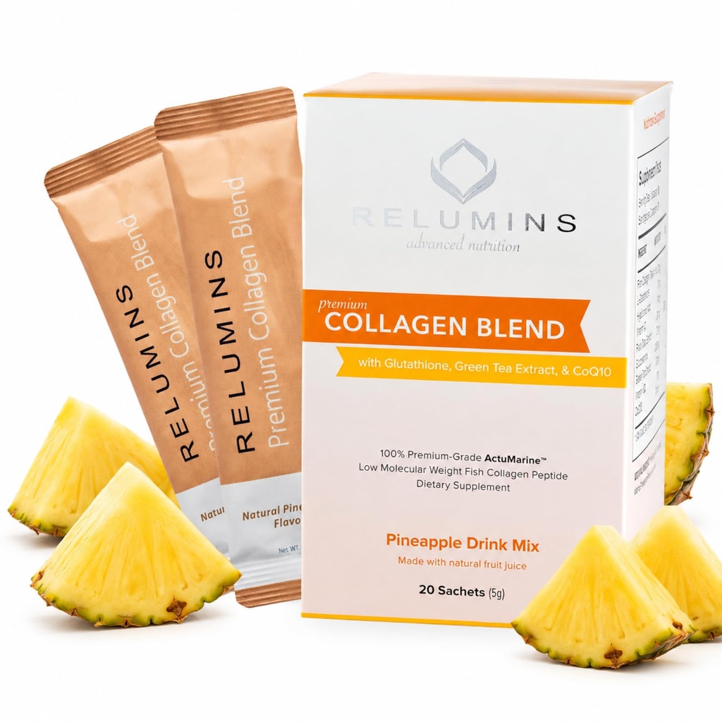Relumins Marine Collagen Powder Drink Mix - Collagen Peptide με Glutathione, Πράσινο Τσάι, CoQ10, & Hyaluronic Acid Ενισχύει Λαμπερό Δέρμα - 100 Σακάκια σκόνης x Ανανάς Γεύση + 10 Δωρεάν Σακάκια