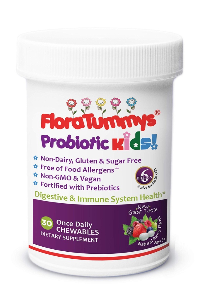 FloraTummys Kids Chewable Probiotic Prebiotics: Μη-Dairy, Gluten & Sugar-Free, Peat & Soy Free, Μη-GMO, Ελεγμένο & Χωρίς αλλεργιογόνα τροφίμων, Vegan, Kosher, Berry Flavor(1 Μπουκάλι)