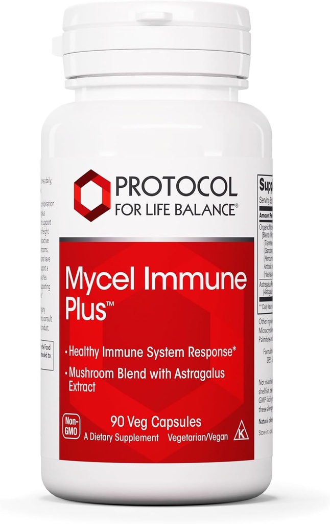 Protocol Mycel Immune Plus - Mushroom Blend with Astragalus Extract - Immune Support Supplement* - Cordyceps, Lions Mane, Maitake & More - Non-GMO & Kosher - 90 Veg Caps