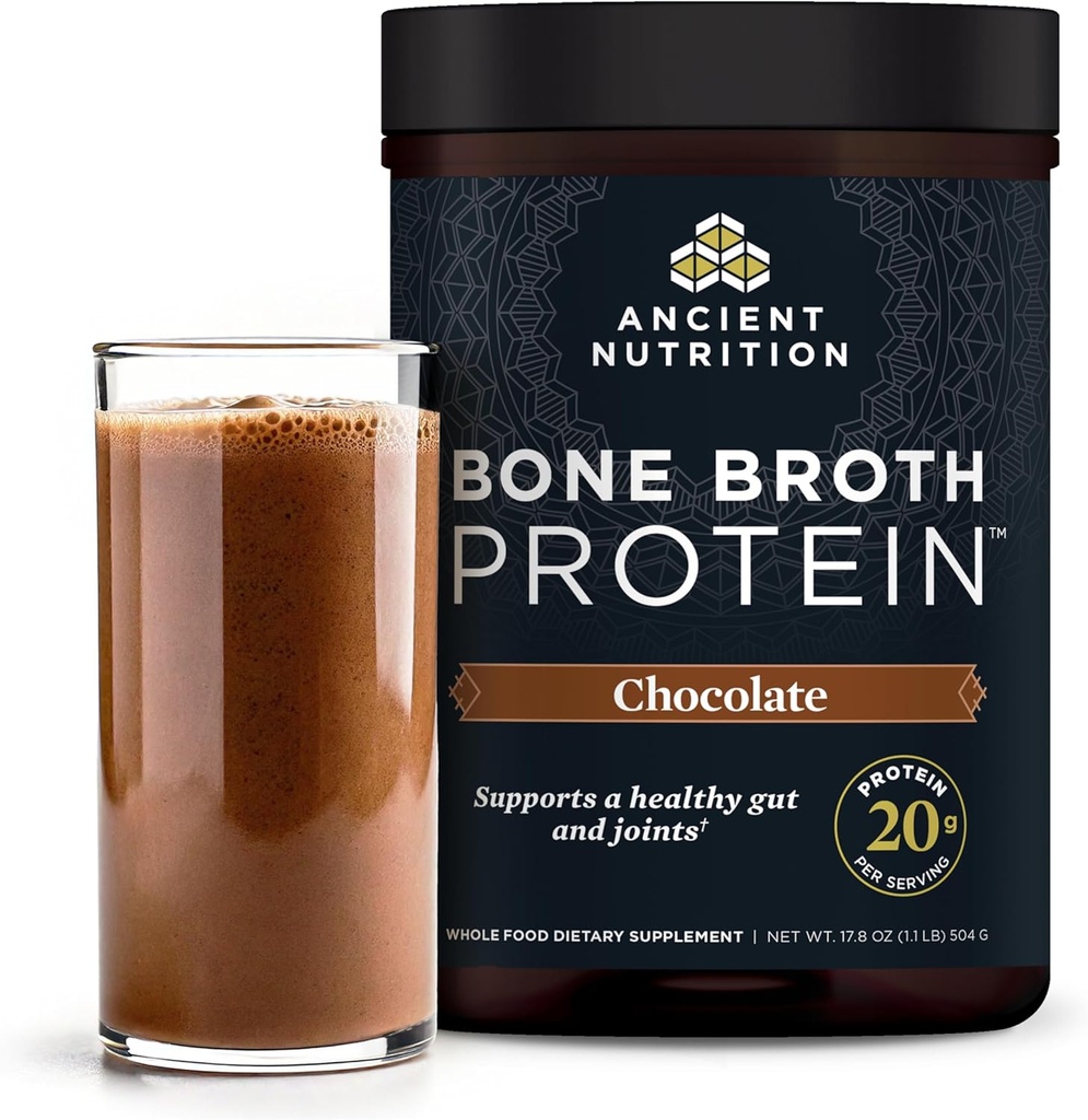 Ancient Nutrition Protein Powder Made from Real Bone Broth, Chocolate, 20g Protein Per Serving, 20 Serving Tub, Gluten Free Hydrolyzed Collagen Peptides Supplement, Great in Protein Shakes