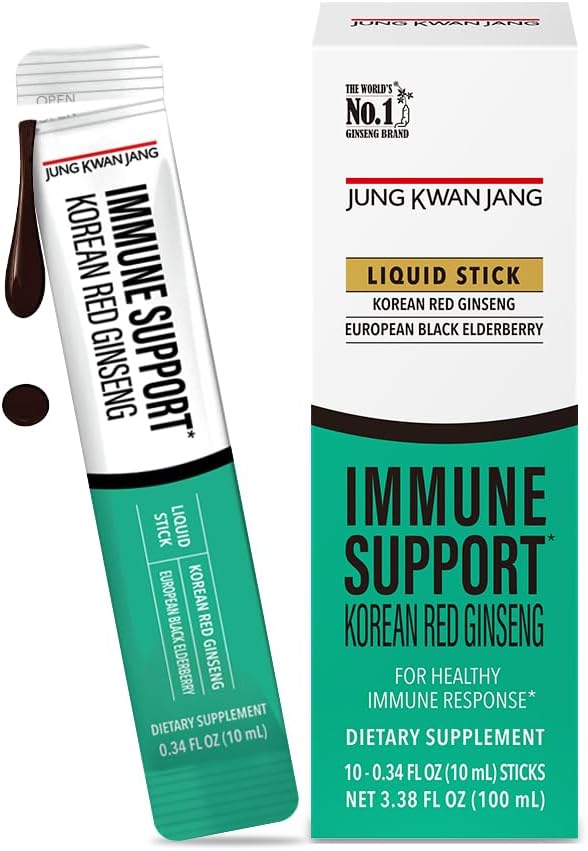 JUNG KWAN JANG Korean Red Panax Ginseng (800mg) and Elderberry (469mg) Immune Support Everytime Extract Sticks, Antioxidant Supplement for Immunity and Daily Wellness, 10 Count