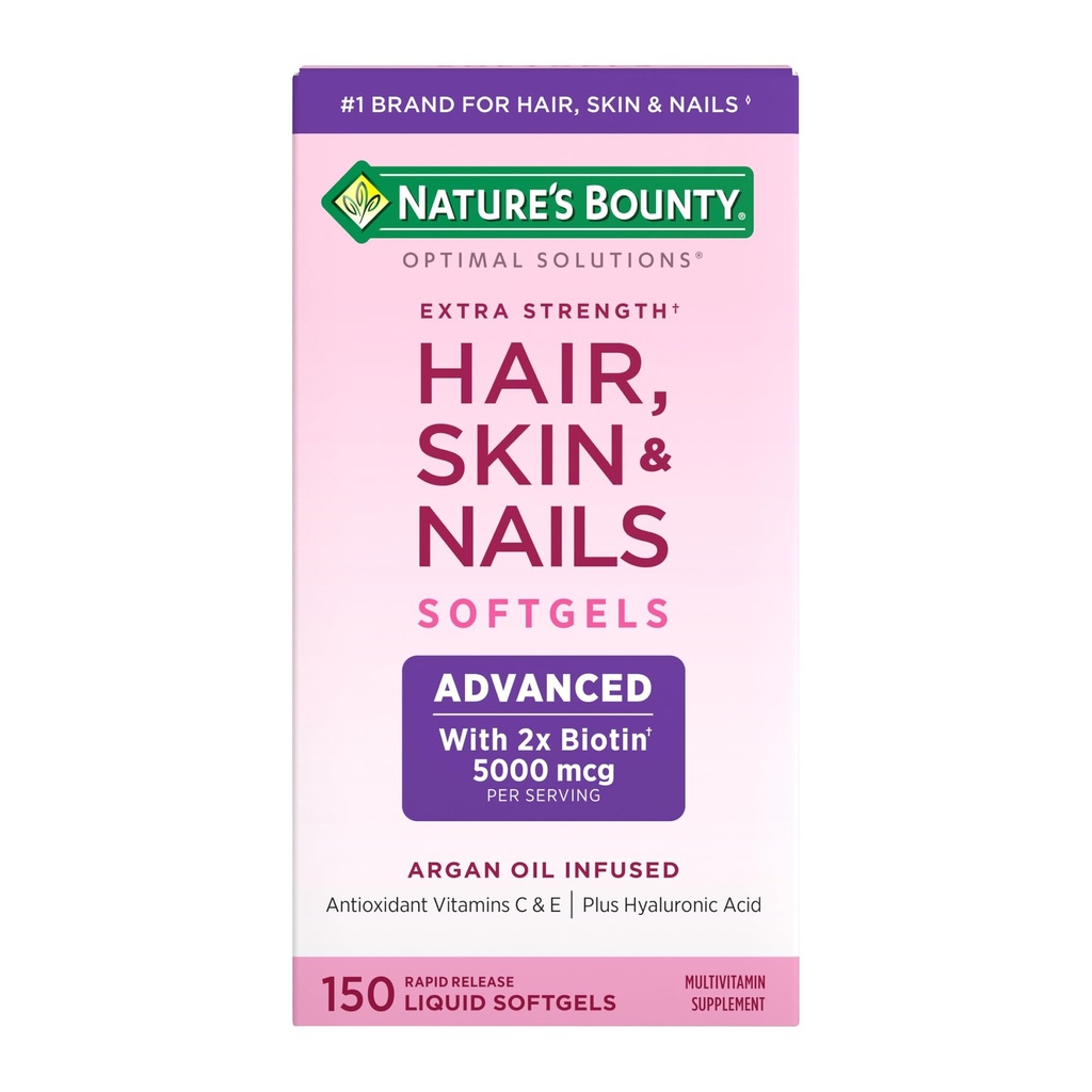 Nature's Bounty Advanced Hair, Skin & Nails, Argan-Infused Vitamin Supplement with Biotin and Hyaluronic Acid, 150 Rapid Release Softgels, 50 Total Services