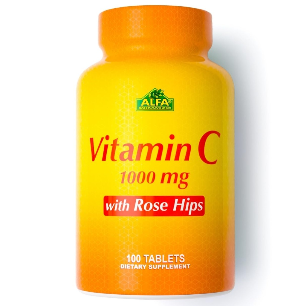 ALFA VITAMINS Vitamin C with Rose Hips with 1000 mg Vitamin C per Serving - Antioxidant & Immune Support + Supports Healthy Skin & Joints - Non GMO, Vegan, Gluten Free, Dairy Free - 100 Tablets