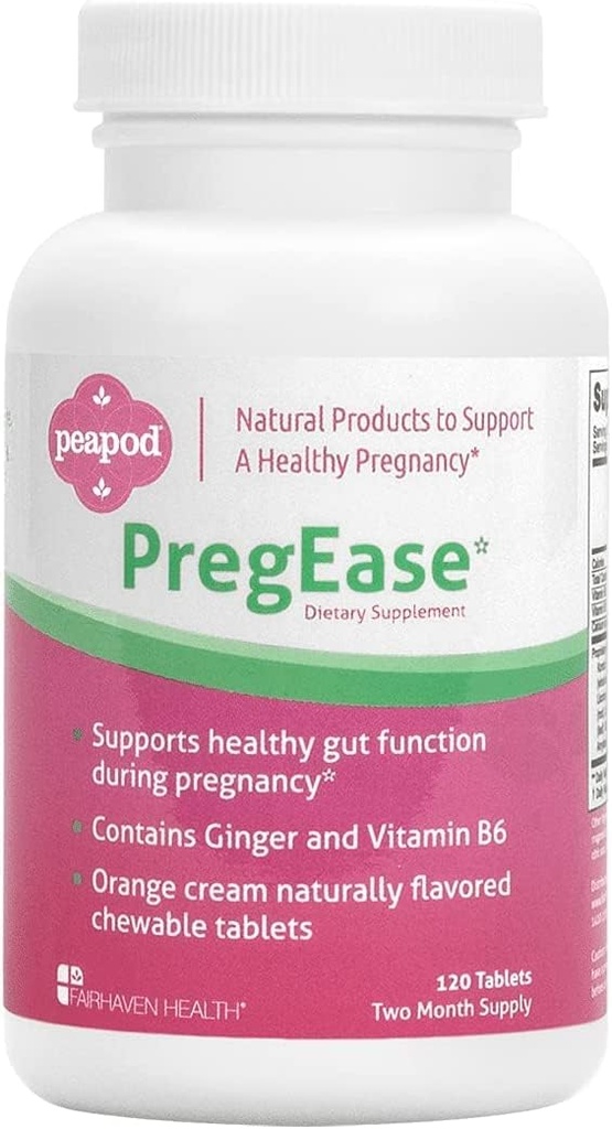 Fairhaven Heath Peapod PregEase Πρωινή Ασθένεια Συμπλήρωμα για Έγκυες Γυναίκες - Γλυκό Πορτοκαλί Μασώμενα Δισκία με Τζίντζερ και Βιταμίνη B6- 2 Μήνα προσφοράς