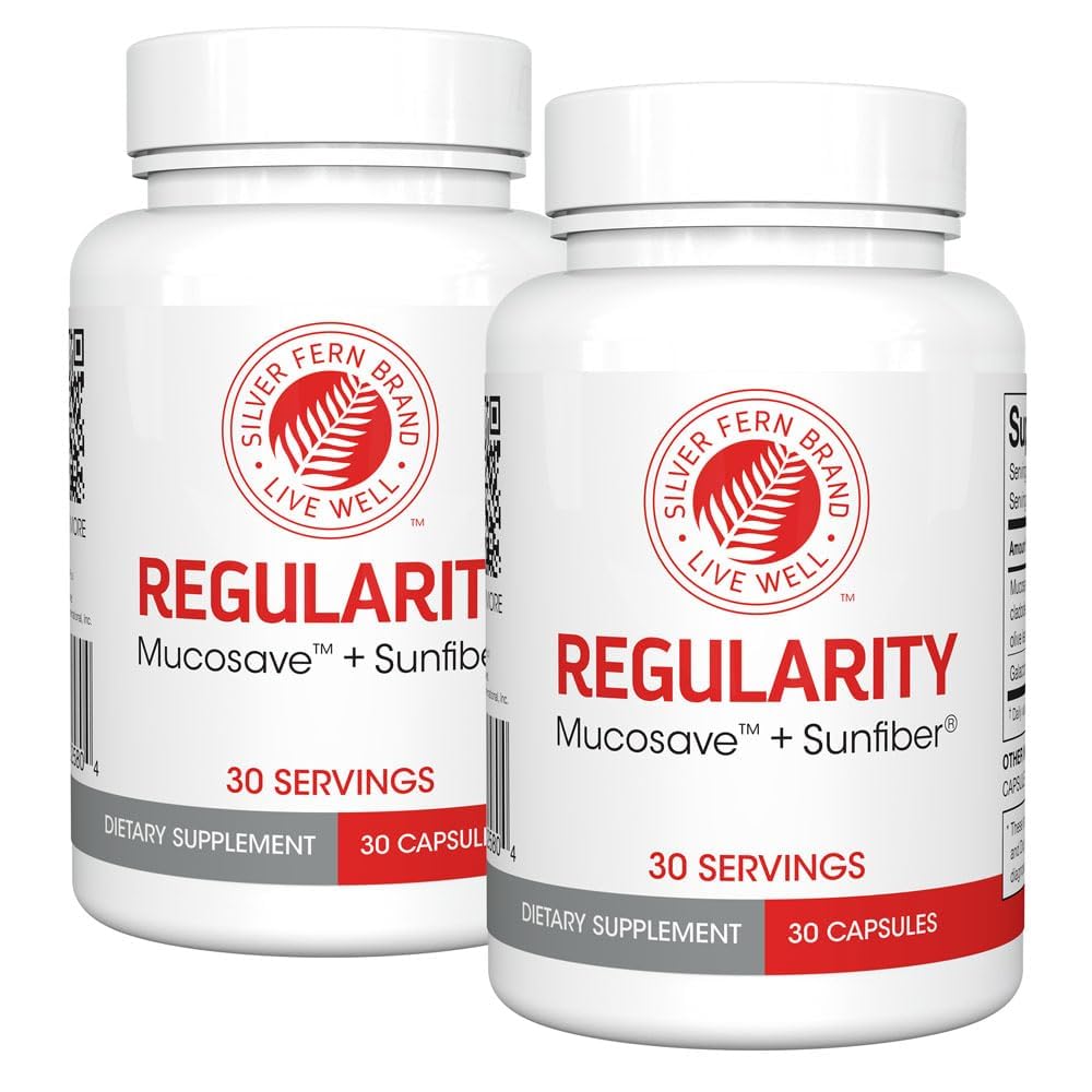 Silver Fern Brand Regularity Digestive Supplement | 2 Bottles = 60 Capsules = 60 Day Supply - Mucosave FG (Prickly Pear Polysaccharides & Olive Leaf Polyphenols) & SunFiber