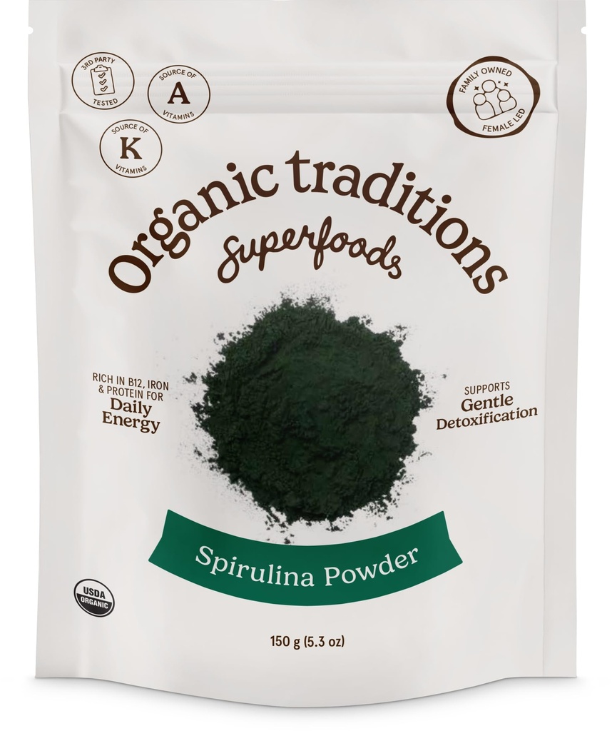 Βιολογικές Παραδόσεις Βιολογικές Σκόνη Spirulina Vegan μη-GMO Superfood, 5.3oz (150g) Τσάντα, 50 σέρβις ανά τσάντα