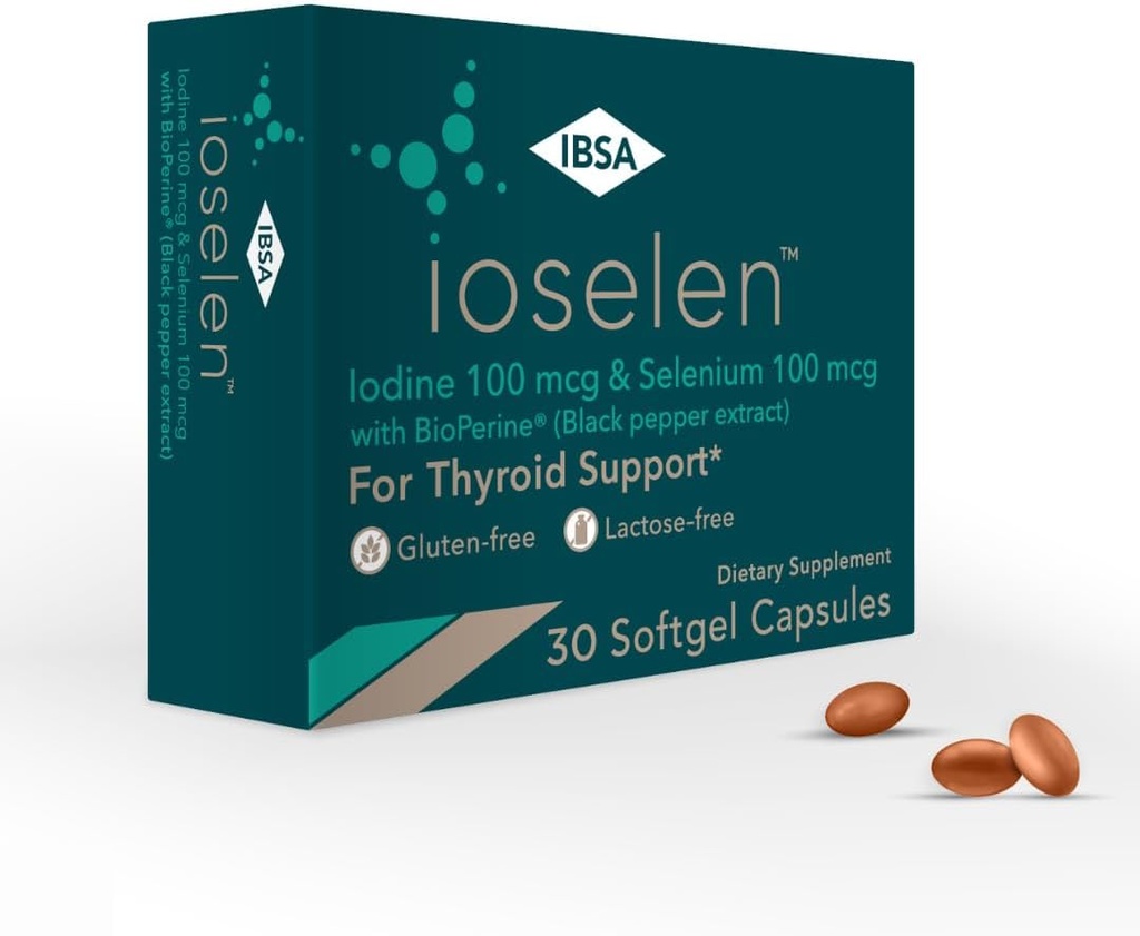 Ioselen - Thyroid συμπλήρωμα υποστήριξης – 100 mcg Selenium, 100 mcg Iodine, 5mg BioPerine - 30 Soft-Gel Caps για αυξημένη βιοδιαθεσιμότητα και απορρόφηση - Χωρίς γλουτένη, χωρίς λακτόζη, χωρίς ζάχαρη, χωρίς GMO