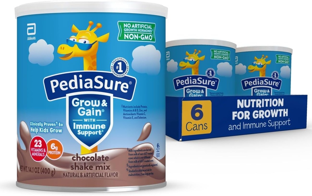 PediaSure Grow & Gain with Immune Support Shake Mix Powder, 23 Βιταμίνες & Ορυκτά, 6g Πρωτεΐνη, Μη ΓΤΟ, Χωρίς γλουτένη, Παιδική Διατροφή, Σοκολάτα, 14,1 oz Can, Συσκευασία των 6-48 μερίδες
