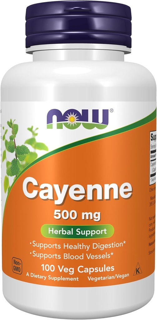NOW συμπληρώματα τροφίμων, Cayenne (Capsicum annuum) 500 mg, βοτανική υποστήριξη, 100 κάψουλες Veg