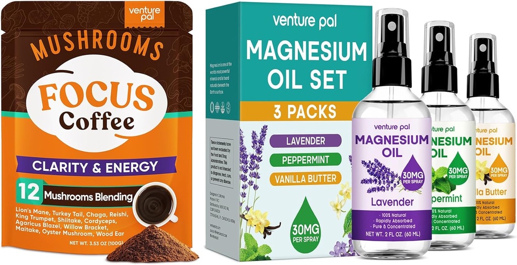 Venture Pal Mushroom Coffee & Magnesium Oil Spray Bundle: 12 in 1 Coffee with Ashwagandha for Focus & Immunity + 3 Packs Pure Magnesium Spray for Relaxation, Sleep & Muscle Relief - 40 Services