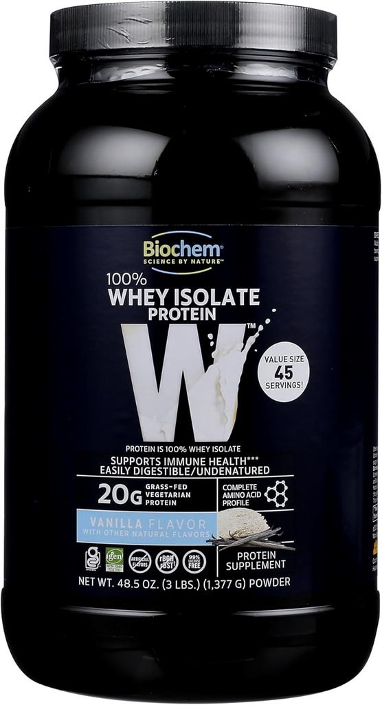 Biochem 100% Whey Isolate Protein Powder, Vanilla Flavor, 20g Grass-Fed Protein, Keto Friendly, Gluten Free, Εύκολα Digestible, Vegetarian, 48,5 oz, 45 υπηρεσίες