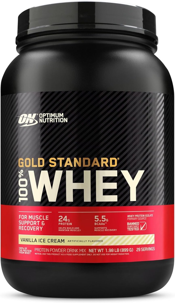 Optimum Nutrition Gold Standard 100% Whey Protein Powder από Whey Isolates, Παγωτό βανίλιας - 2 Λίρες