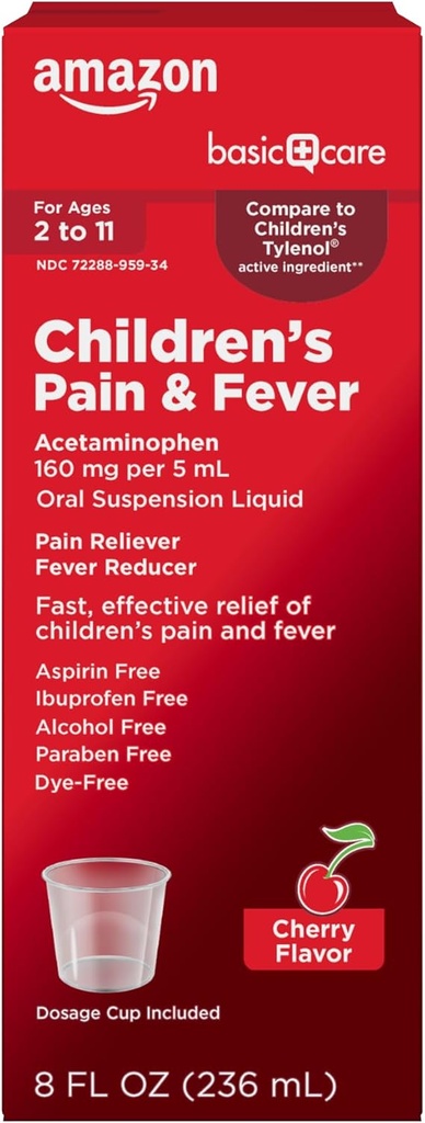   Basic Care Children's Pain and Fever, Acetaminophen 160 mg per 5 mL Oral Suspension, Dye-Free Cherry Flavor, Fever Reducer and Pain Reliever for Headache, Sore Throat and Toothache, 8 fl oz